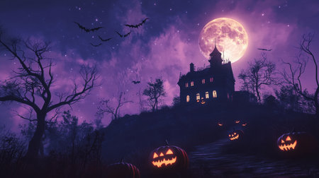 A spooky haunted house sits on a hill under a full moon on a Halloween nightの素材