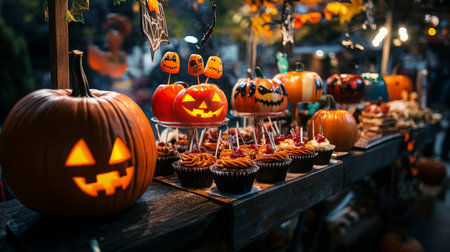 Festive Halloween market featuring carved pumpkins and sweet treats at twilightの素材