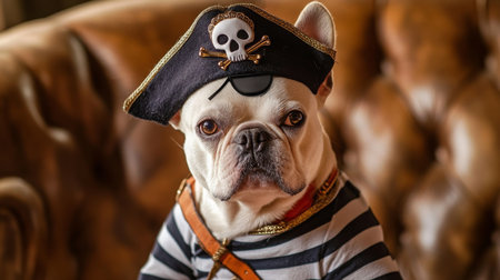 A white French bulldog wearing a pirate costume looks at the cameraの素材