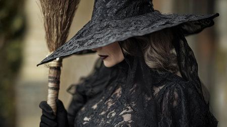 Mysterious figure in a flowing black lace cloak with a wide-brimmed hat holding a broomの素材