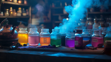 Vibrant array of colorful liquids displayed in jars within mystical potion-making workshopの素材