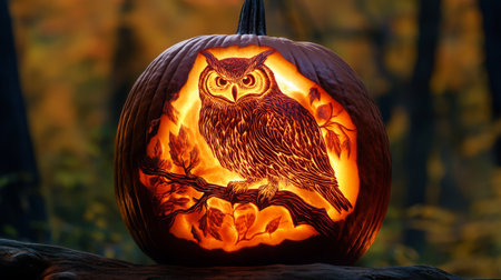 A beautifully carved pumpkin displays an owl detailed on a branch, illuminated from withinの素材