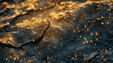 Golden particles shimmering on cracked earth in sunlight during a warm afternoonの素材