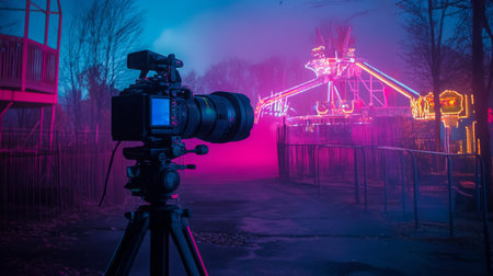 A camera captures the colorful lights of an abandoned amusement park on a foggy eveningの素材