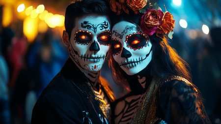 A couple in Day of the Dead makeup pose for a photoの素材