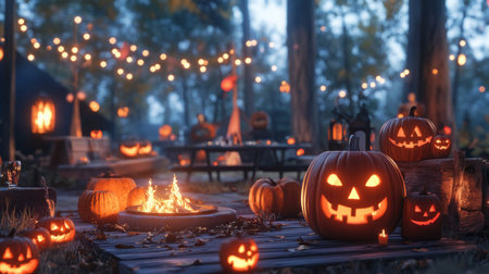 Festive autumn gathering with glowing pumpkins and cozy fire in decorated forest settingの素材