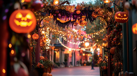 A street is decorated with pumpkins and lights for Halloweenの素材