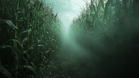 Misty pathway through tall corn stalks in a rural landscape during early morning fogの素材