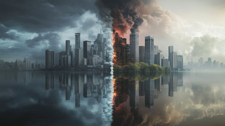 The stark contrast of futuristic cityscapes amid environmental chaos and serenityの素材
