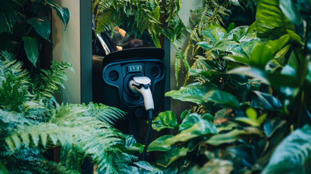 Electric vehicle charging station surrounded by lush greenery in an urban settingの素材