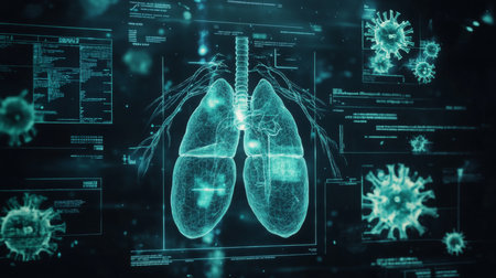 A digital illustration of human lungs with a coronavirus model in the backgroundの素材