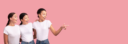 Three Diverse Women Pointing Finger Standing On Pink Background, Panorama