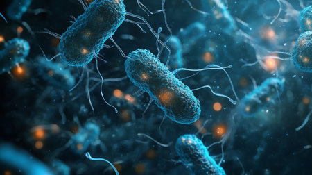 A close-up view of blue bacteria, illustrating the microscopic worldの素材