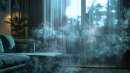 Cozy living room with a soft, foggy ambiance from evening lighting and curtain reflectionsの素材