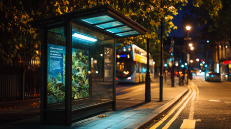 Bus stop illuminated at night with city lights and a passing bus in the backgroundの素材
