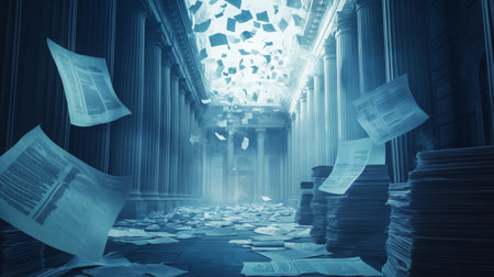 Papers swirl through a grand hall with pillarsの素材