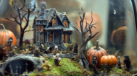 A miniature haunted house sits among pumpkins and spooky figures in a glass terrariumの素材