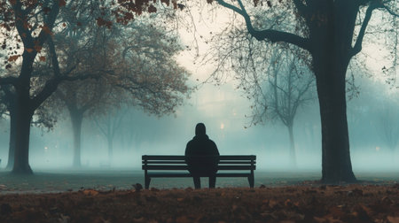 A solitary figure sits on a bench in a foggy park during early morning hoursの素材