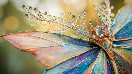 Colorful butterfly sculpture with intricate detailing in a natural settingの素材