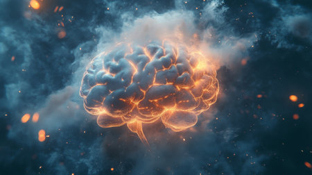 Illuminated brain surrounded by clouds and sparks, representing creativity and innovationの素材