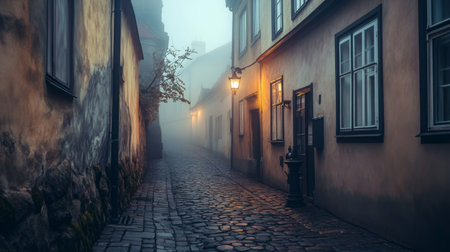 A foggy European street is lit by the glow of streetlampsの素材