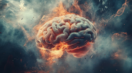Conceptual representation of a fiery brain amidst swirling smoke and chaosの素材