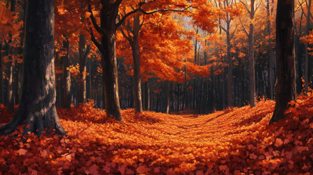 A forest path is lined with vibrant orange leaves during the fall seasonの素材