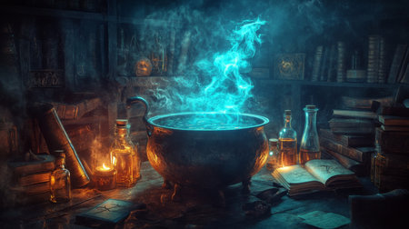 A cauldron with blue smoke bubbles over a fire in a dark, magical roomの素材