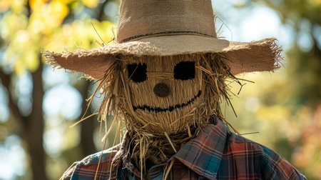 A cheerful scarecrow standing amidst vibrant autumn foliage in a rural settingの素材