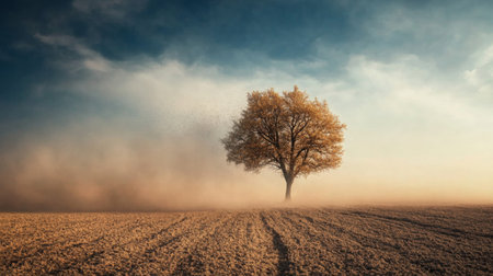 A solitary tree stands in a misty field at dawn, surrounded by soft fog and golden lightの素材