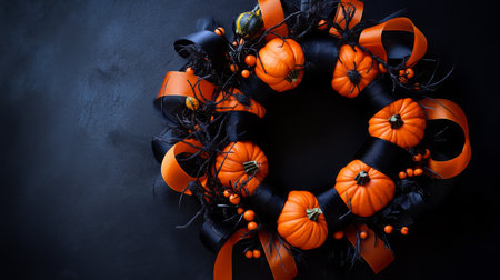 Halloween wreath with mini pumpkins and colorful ribbons for autumn festivityの素材