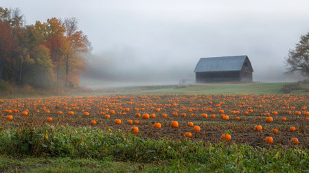 Autumn morning mist over pumpkin field with a rustic barn in a rural landscapeの素材