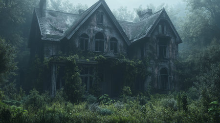 A large, abandoned house sits shrouded in fog on a misty morningの素材