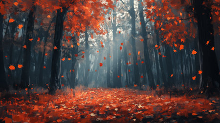 Colorful autumn forest with falling leaves illuminated by soft morning lightの素材