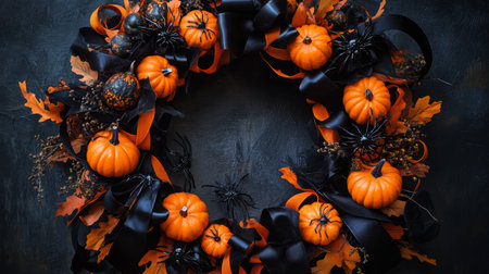 Autumn wreath decorated with pumpkins, ribbons, and spiders for Halloween celebrationの素材
