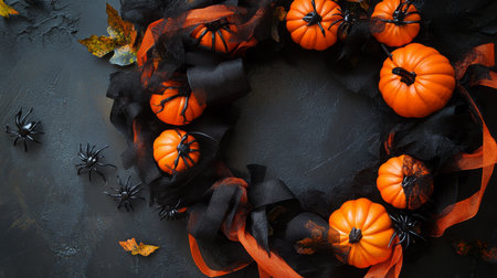 Festive orange pumpkin wreath with black ribbons and spiders for Halloween decorationsの素材