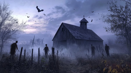 Eerie figures approach a rustic barn under a twilight sky filled with bats and mistの素材