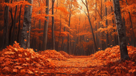 Vibrant autumn forest path covered with orange leaves during a sunny afternoonの素材