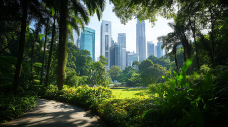 Lush greenery and urban skyline in the heart of a vibrant city park during middayの素材