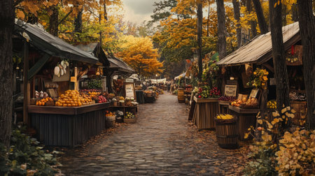 A cobblestone path lined with market stalls in a fall forestの素材