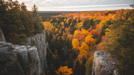 A cliff overlooking a valley filled with vibrant fall foliageの素材