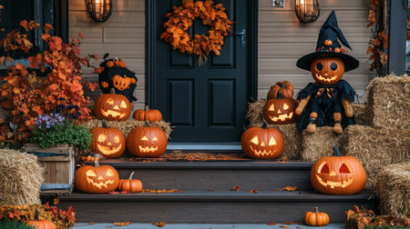 Festive autumn porch decorated with carved pumpkins and Halloween decorations near homeの素材