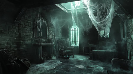 A dimly lit, abandoned room with cobwebs and dilapidated furniture during twilight hoursの素材