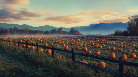 A tranquil pumpkin patch at dawn with mist rising and mountains in the distanceの素材