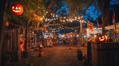 Autumn market aglow with lights and pumpkins for Halloween celebrationsの素材