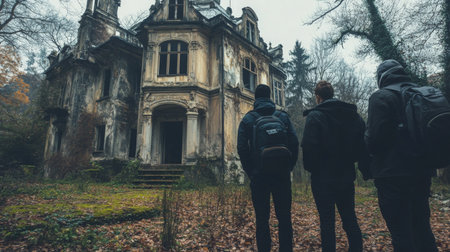 Three explorers stand before an abandoned mansion surrounded by dense forest in autumnの素材