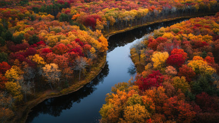 An aerial view of a winding river flowing through vibrant autumn foliageの素材