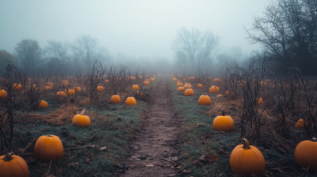 A winding path through a foggy pumpkin patch during autumn in the countrysideの素材