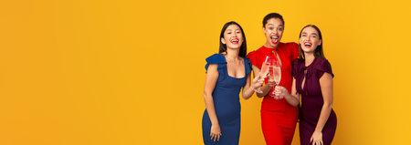 Three Elegant Ladies Having Party Clinking Champagne Glasses, Yellow Backgroundの写真素材