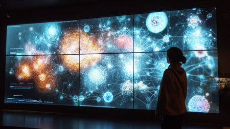 A person stands in a dimly lit room, gazing at a large, multi-paneled digital displayの素材